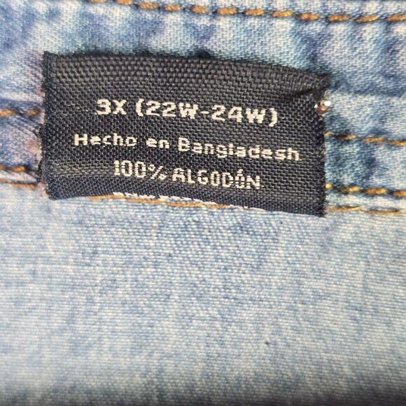 VTG Faded Glory Denim Shirt 3X Pearl Snap Roll Tab Western Y2K Cotton Side Slits - Picture 8 of 16